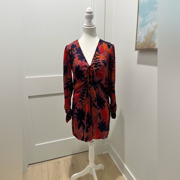 Zara Front Tie Ruched Sleeves Mini Floral Dress Red Purple satin effect Small - Picture 11 of 12
